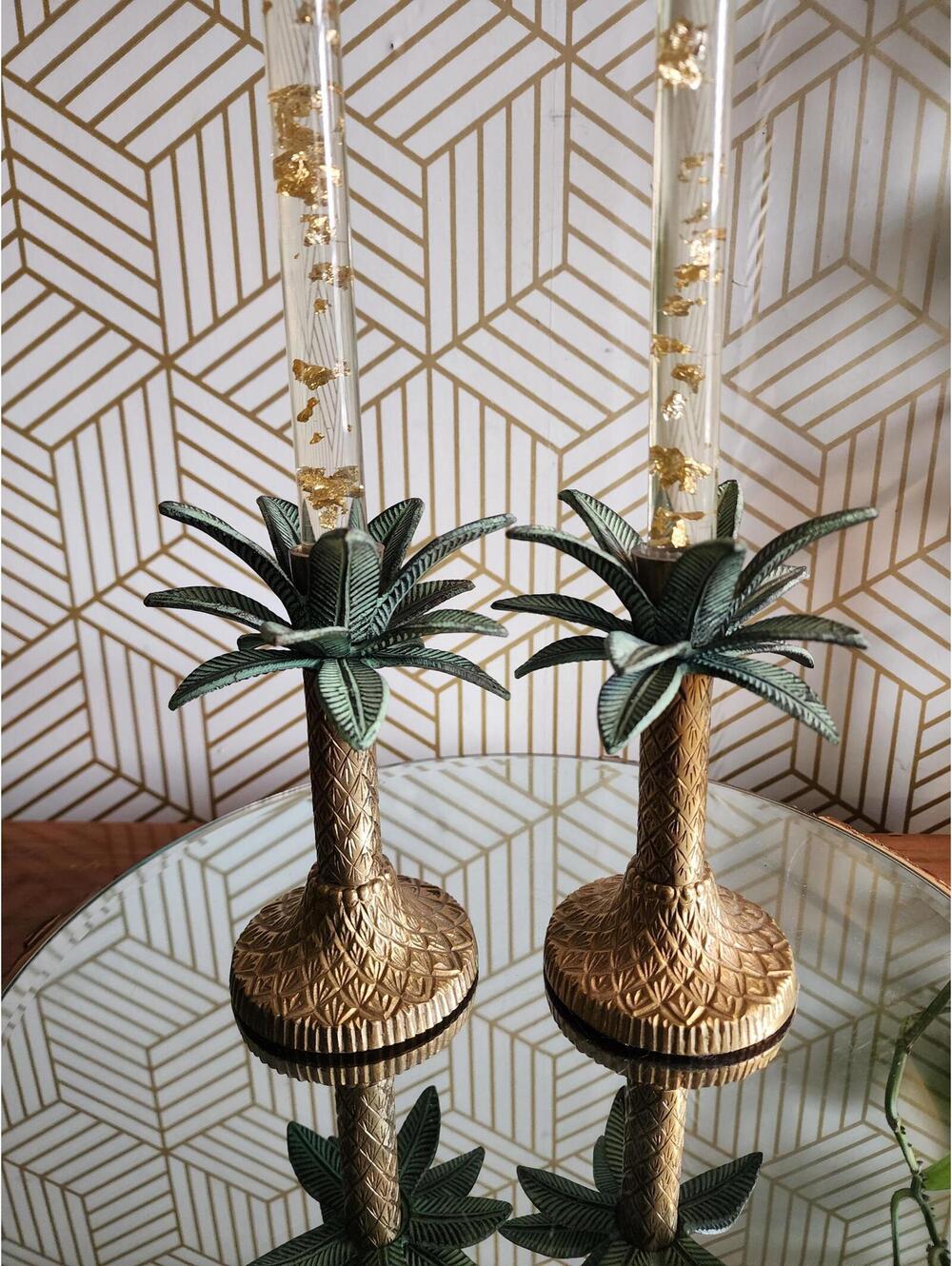 Vintage Brass Palm Tree Candlestick Pair 6” Tropical Brass, Coastal Bohemian